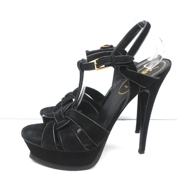 YVES SAINT LAURENT TRIBUTE PLATFORM SANDALS BLACK LEATHER-TRIM SUEDE SIZE 39 - Picture 5 of 11